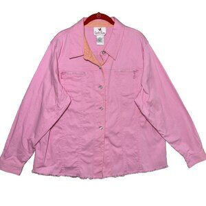 Quaker Factory XL Women Pink Jacket Button Long Sleeve Rhinestone Cotton Spandex